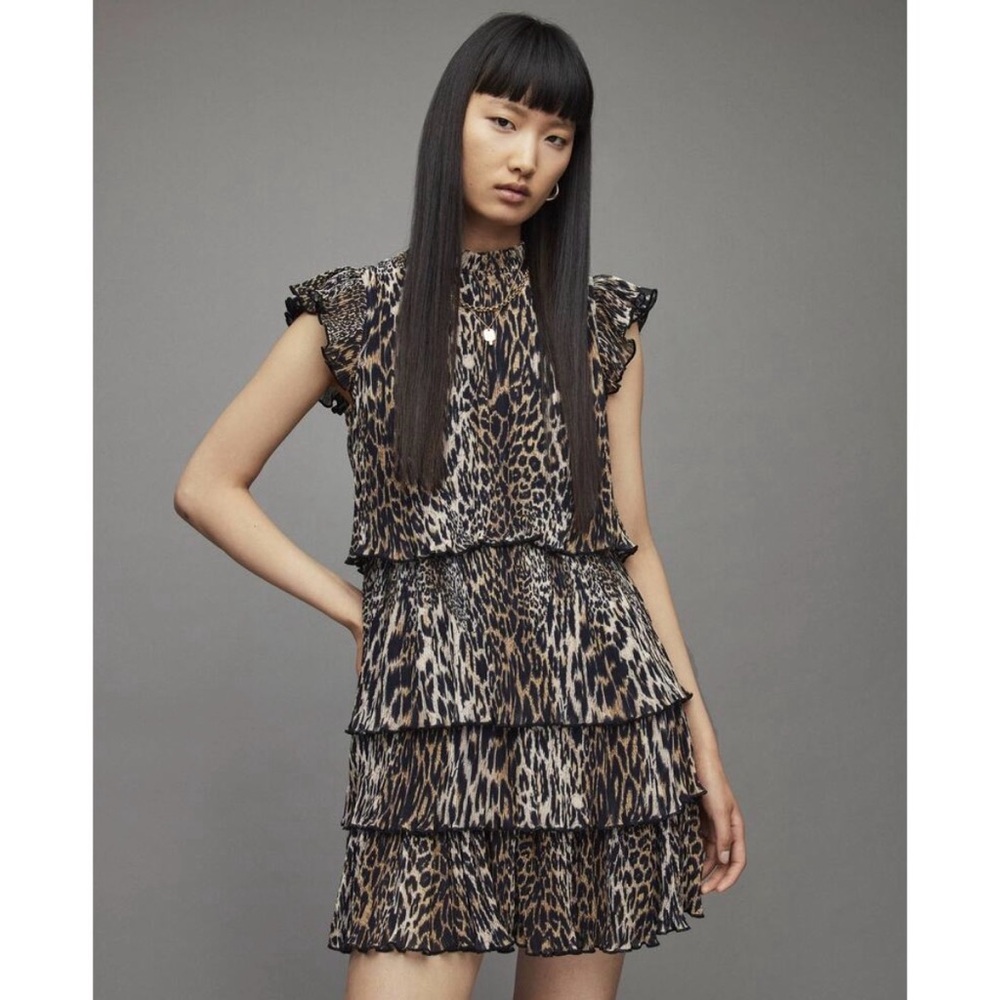 AllSaints Leopard Tiered Mini Dress in Brown and Black